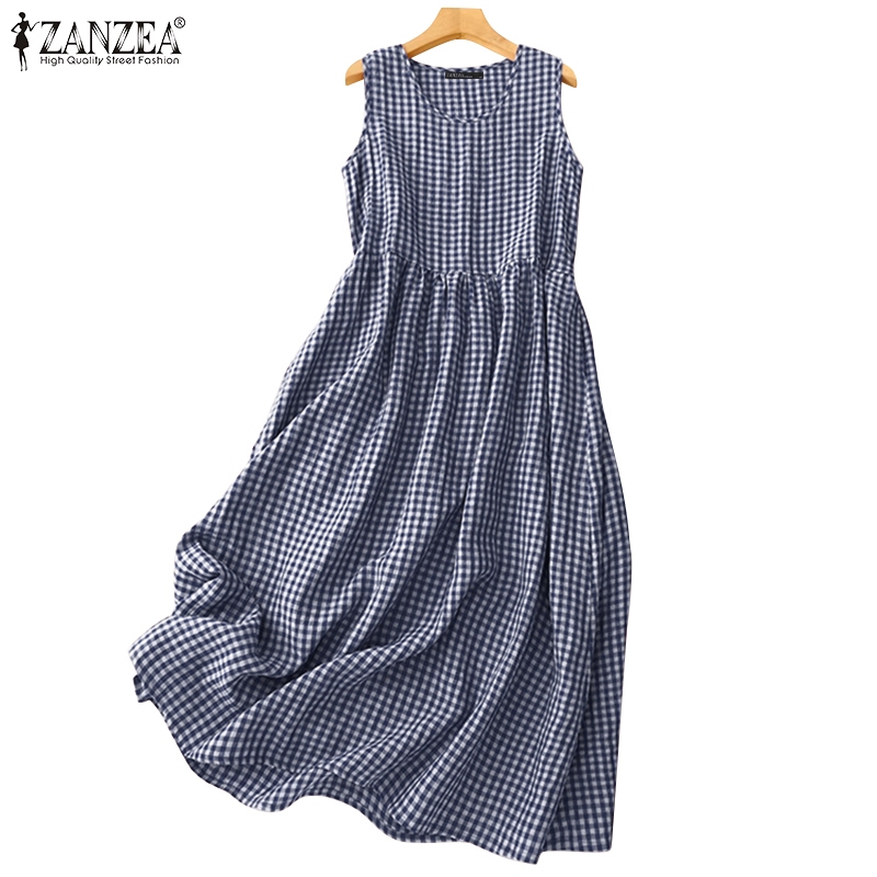 Zanzea ชุดเดรสเอวสูงแขนกุดลายสก๊อตเกาหลีสําหรับผู้หญิง