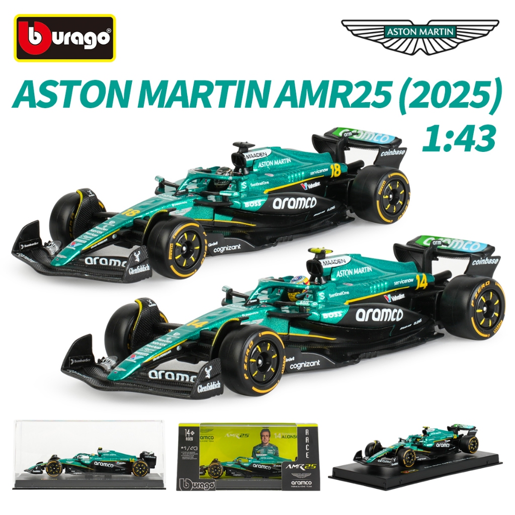 Bburago 1:43 Aston Martin 2025 F1 Racing AMR25 Die Cast ยานพาหนะสูตร Racing รถของเล่นกล่องอะคริลิค