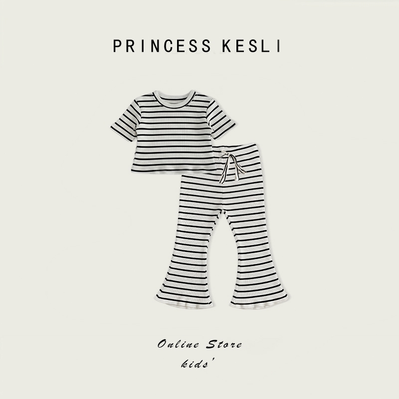 Princess Kesli เสื้อแขนสั้นกางเกงขาม้า ชุดเซ็ทเด็กผู้หญิง แฟชั่น สไตล์เกาหลี เสื้อลายเส้น สําหรับเด็กผู้หญิง 2 ชิ้น 2-12 ปี