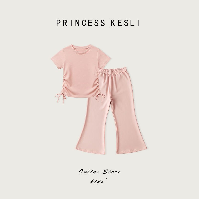 Princess kesli ชุดเซ็ทเด็กสาวแฟชั่นชุดสูท สำหรับเด็กผู้หญิง  เสื้อแขนสั้นกางเกงขาม้า ลําลองฤดูร้อน ชุดสองชิ้นน่ารัก 2-12 ปี