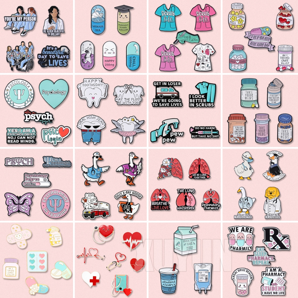 3-6 ชิ้น/เซ็ตอุปกรณ์การแพทย์การ์ตูนเข็มกลัด EKG หูฟังเคลือบ Pin หมอพยาบาลเข็มกลัดเสื้อผ้าอุปกรณ์เสริมเครื่องประดับสําเร็จการศึกษาของขวัญSET-20