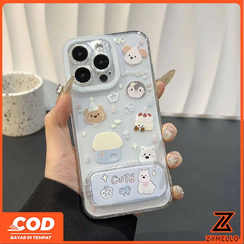 เหมาะสําหรับ OPPO Reno16F 16Pro 15F 15ProMax 14F 14Pro 13F 13Pro 12F 12Pro 11F 11Pro 10Pro 8T 8Z 7Z 6Z การ์ตูนเค้กน่ารักลูกสุนัขกระจกขาตั้ง Suc