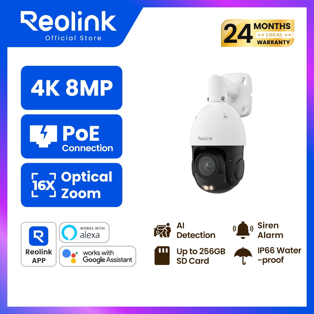 REOLINK P850 กล้องวงจรปิด PoE 4K UHD | ซูมแบบออปติคอล 16 เท่า (16X Optical Zoom) | หมุนได้ 360° ติดตามอัตโนมัติ | ตรวจจับ AI คน/รถ/สัตว์ | กันน้ำภายนอก