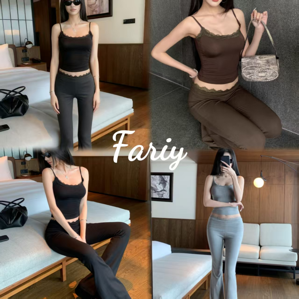 Fariy🍒คลังสินค้าพร้อม🍒 กางเกงขายาวทรงบานเอวสูงสำหรับผู้หญิง ฤดูใบไม้ร่วง/ฤดูหนาว แต่งขอบลูกไม้ ใช้งานได้หลากหลายและยาวถึงพื้น