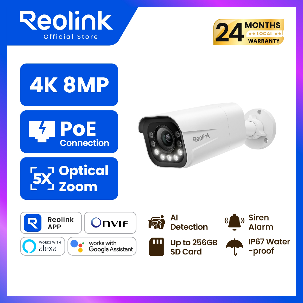 REOLINK P430 กล้องวงจรปิด PoE 4K UHD 8MP | ซูมแบบออปติคอล 5 เท่า (5X Optical Zoom) | ภาพสีกลางคืน | ตรวจจับ AI คน/รถ/สัตว์