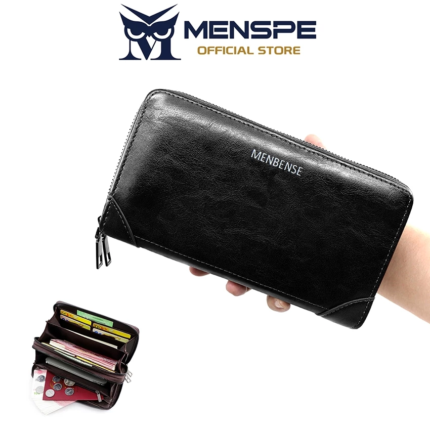 MENSPE กระเป๋าสตางค์ใบยาวผู้ชาย PU นุ่มอเนกประสงค์ความจุขนาดใหญ่กระเป๋าซิปคู่ Multi-Card ตําแหน่งกระเป๋าสตางค์