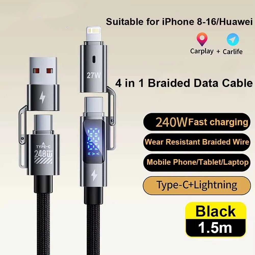 Elough 4 in 1 สายชาร์จเร็ว 240W จอแสดงผลดิจิตอล USB to Type C Data Cable 1.5m สาย USB C to C สําหรับโทรศัพท์มือถือ