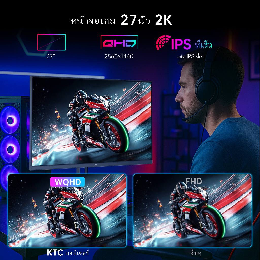 KTC 27 นิ้ว 2K QHD 200Hz Fast IPS Gaming Monitor, 2560*1440 สูงสุด 210Hz, HDR 400, GTG 1ms, Adaptive Sync, 131% sRGB, Bulit-in Dual 2W, ลําโพงนักเล่นเกม, H27T22C-3 - รูปที่ 3