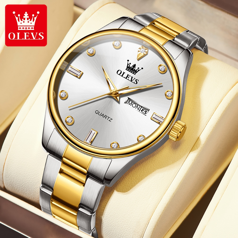 OLEVS มะกอก นาฬิกาสําหรับผู้ชายเดิมกันน้ําแฟชั่นเพชรสแตนเลสปฏิทินคู่นาฬิกา