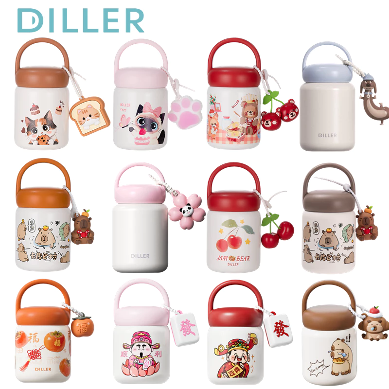 Diller Mini กระติกน้ําสูญญากาศ Thermos สติกเกอร์ 316 สแตนเลสดื่มขวดน้ําน่ารัก 200ml D9276