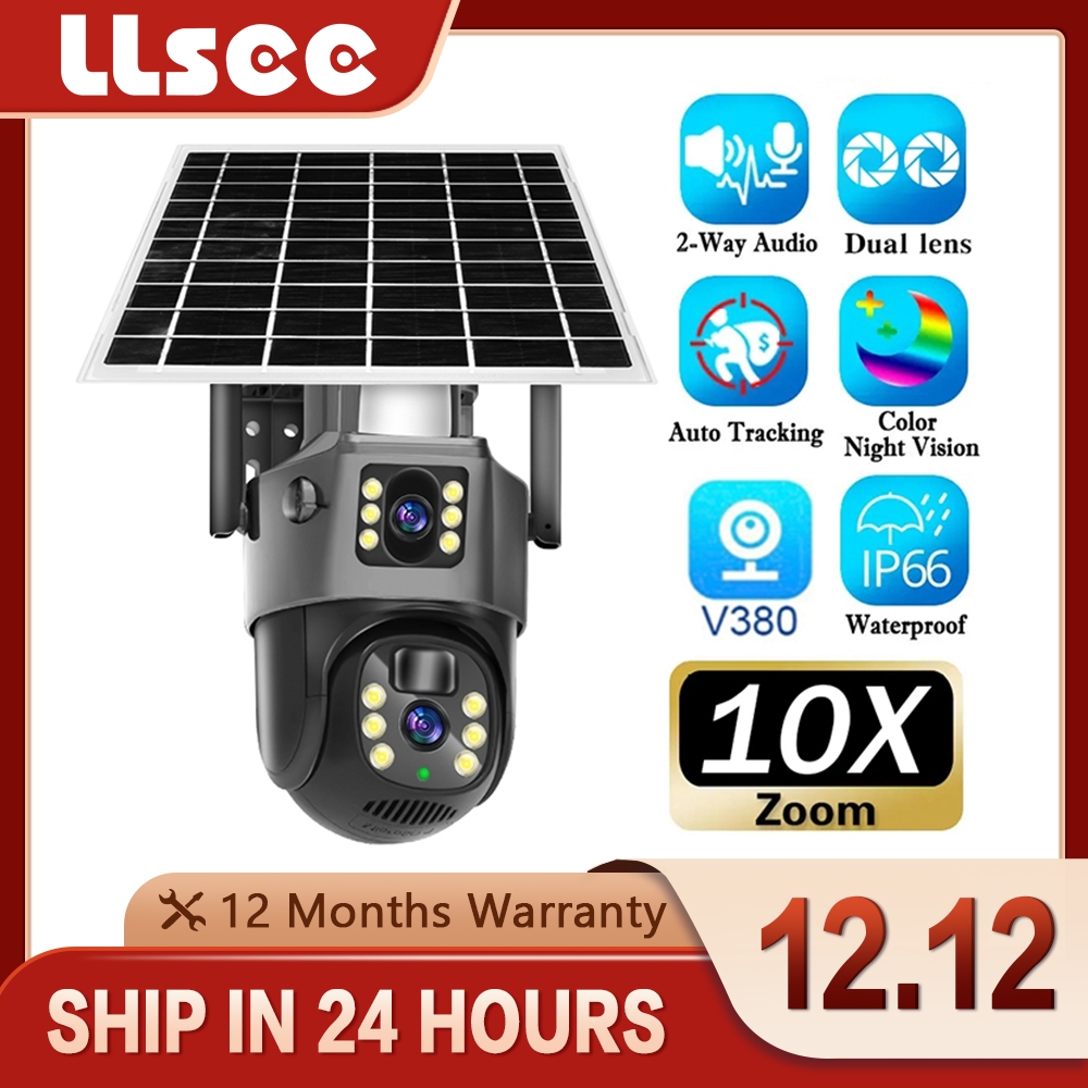 LLSEE v380 pro 8MP 4K 4G ซิมการ์ดกล้องวงจรปิดพลังงานแสงอาทิตย์กลางแจ้ง 360 PTZ 10X ซูมกล้องวงจรปิด W