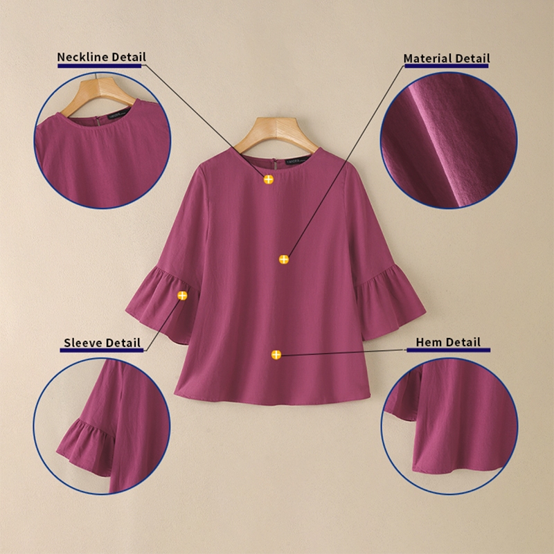 ZANZEA ซานเซีย เสื้อลำลองสำหรับผู้หญิง สไตล์เกาหลี แขนระฆัง รอบคอ 3/4 ลายสีทึบ ทรงหลวมใส่สบาย — صورة 8