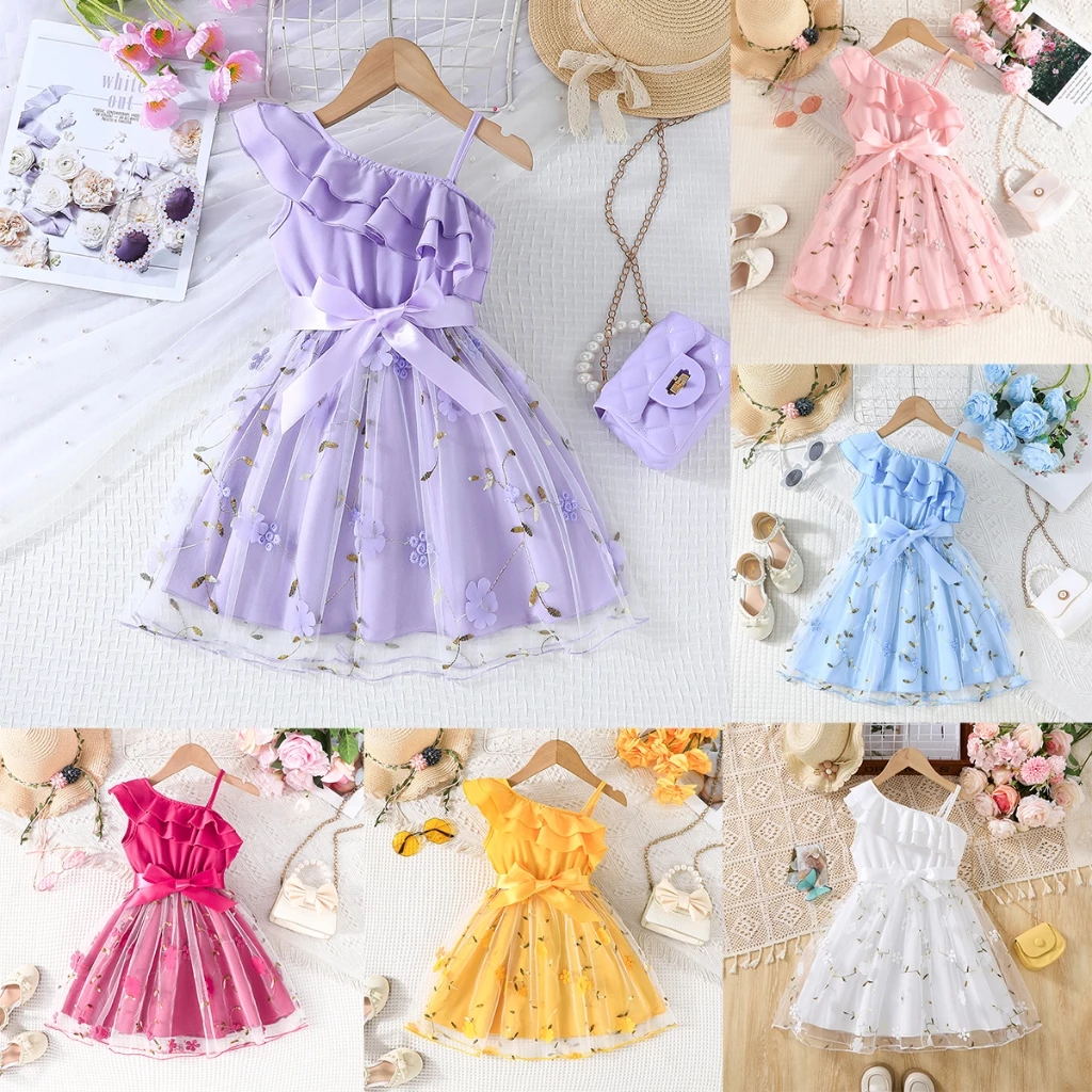 ชุดเดรสเด็กแถบคาด 2-7 ขวบ ผ้าลูกไม้ปักนูน 3D ดอกไม้ สายรัดเอวประดับ หลายสี ชมพู ม่วง น้ำเงิน บานเย็น