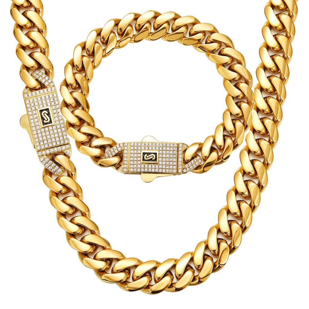 Hip Hop Bling Iced Out สแตนเลสฤดูใบไม้ผลิหัวเข็มขัด Cuban Miami Link Chain สร้อยคอสําหรับชาย Rapper เครื่องประดับสีทอง