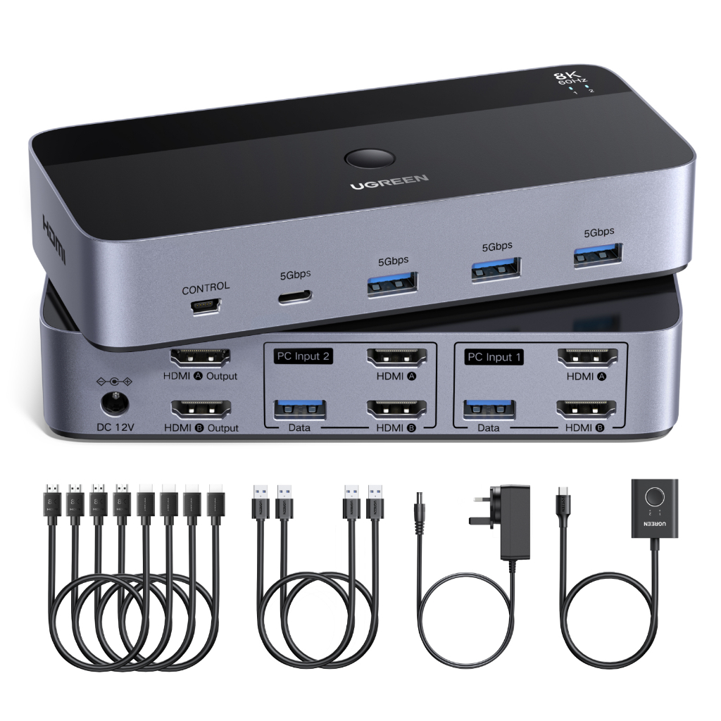 UGREEN 8K@60Hz Dual HDMI 2.1 KVM Switch Ultra HD USB 3.0 Dual-Monitor Input/Output Desktop Controlle