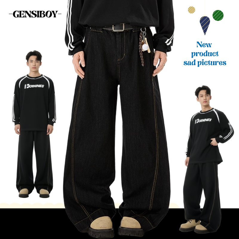 Gensiboy-กางเกงยีนส์ผู้ชาย เดนิม สีดำ ขากางเกงมีดบู๊ทกว้างหลวมตรง รุ่นใหม่ สไตล์วินเทจอเมริกัน ใส่ได้กับทุกสไตล์ สบายๆ แฟชั่น
