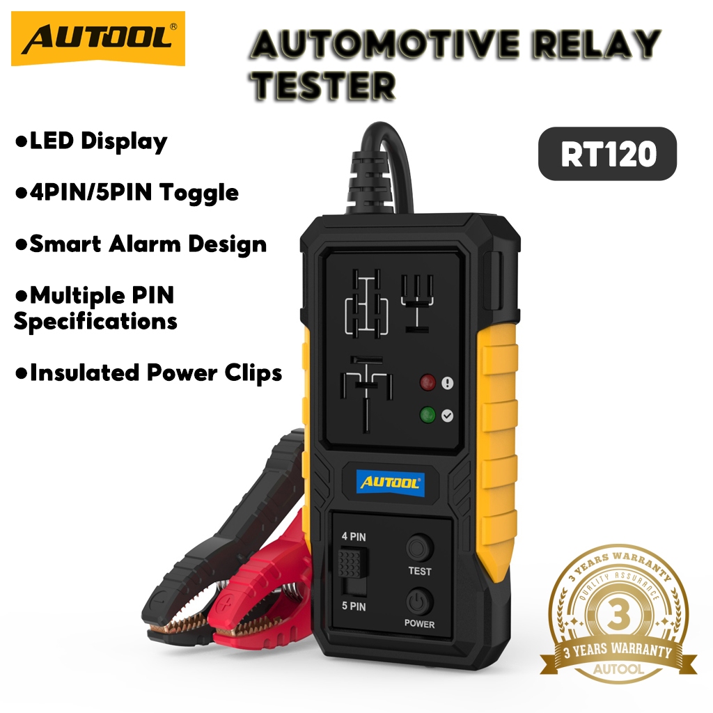 AUTOOL RT120 เครื่องทดสอบรีเลย์ยานยนต์ 4PIN/5PIN สลับข้อกําหนดหลาย PIN การออกแบบสัญญาณเตือนอัจฉริยะ
