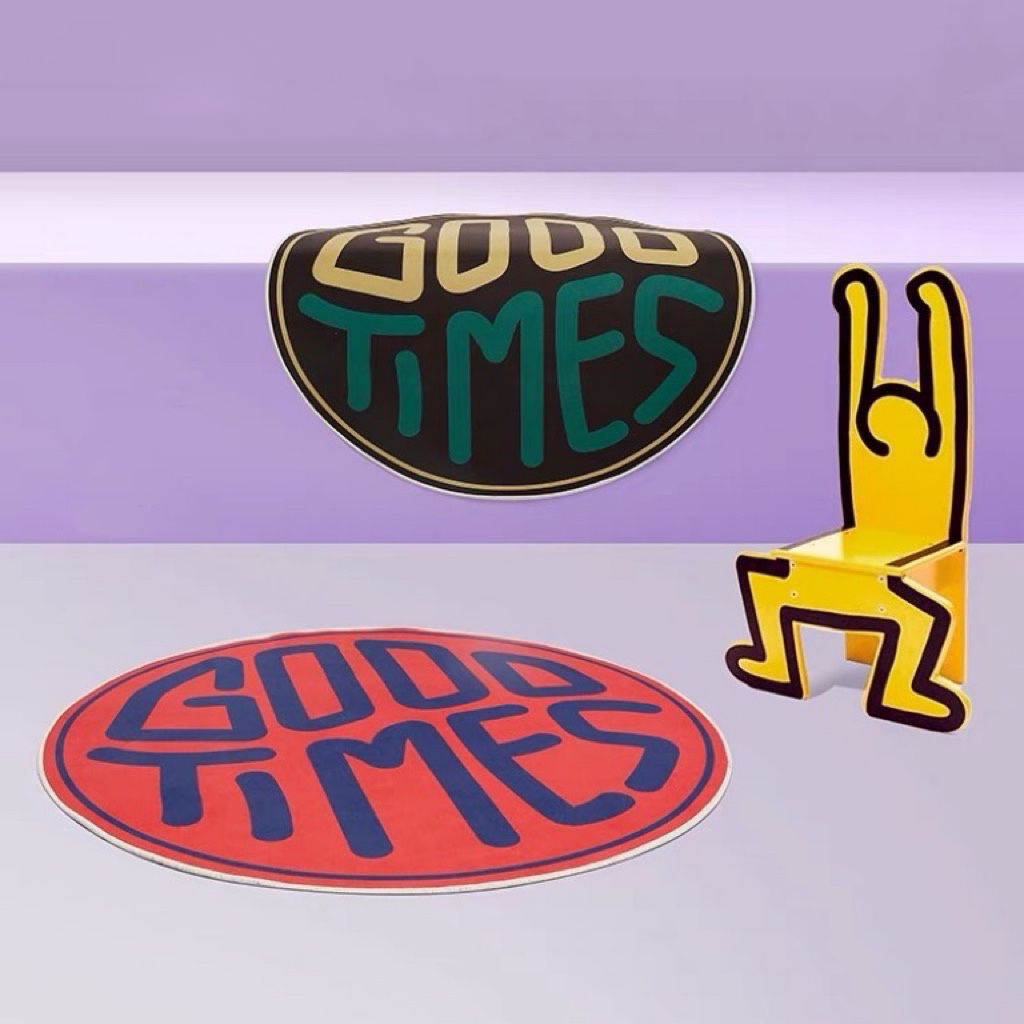 พรมกลมลายคำ Good Times ผ้าคริสตัลขนสั้น ซักทำความสะอาดง่าย ฐานจุดยางกันลื่น พรมตกแต่งสไตล์มินิมอล ห้องนอน ห้องรับแขก ข้างโซฟา มี 2 เฉดสีให้เลือก