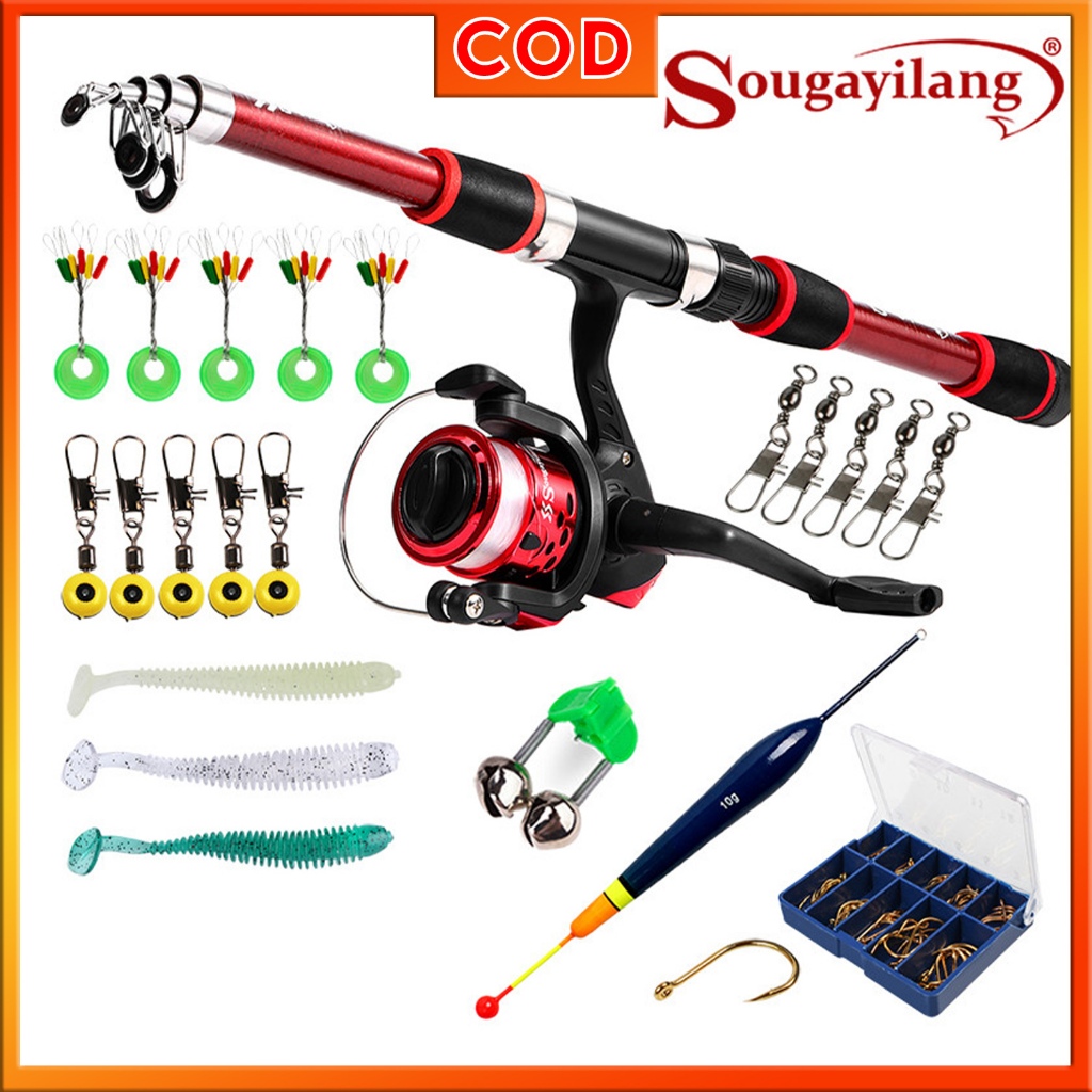 SOUGAYILANG ซูกายิลาง 1.8ม 6 ส่วนแบบพกพาปั่นคันเบ็ดรีลชุดใยแก้วยืดไสลด์สําหรับตกปลาเด็กครบชุด