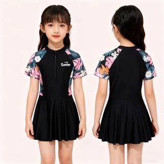 【จัดส่งจากประเทศไทย】ชุดว่ายน้ำสำหรับเด็กผู้หญิง แขนสั้น ลายการ์ตูนน่ารัก ผ้ายืดระบายอากาศไดัดี