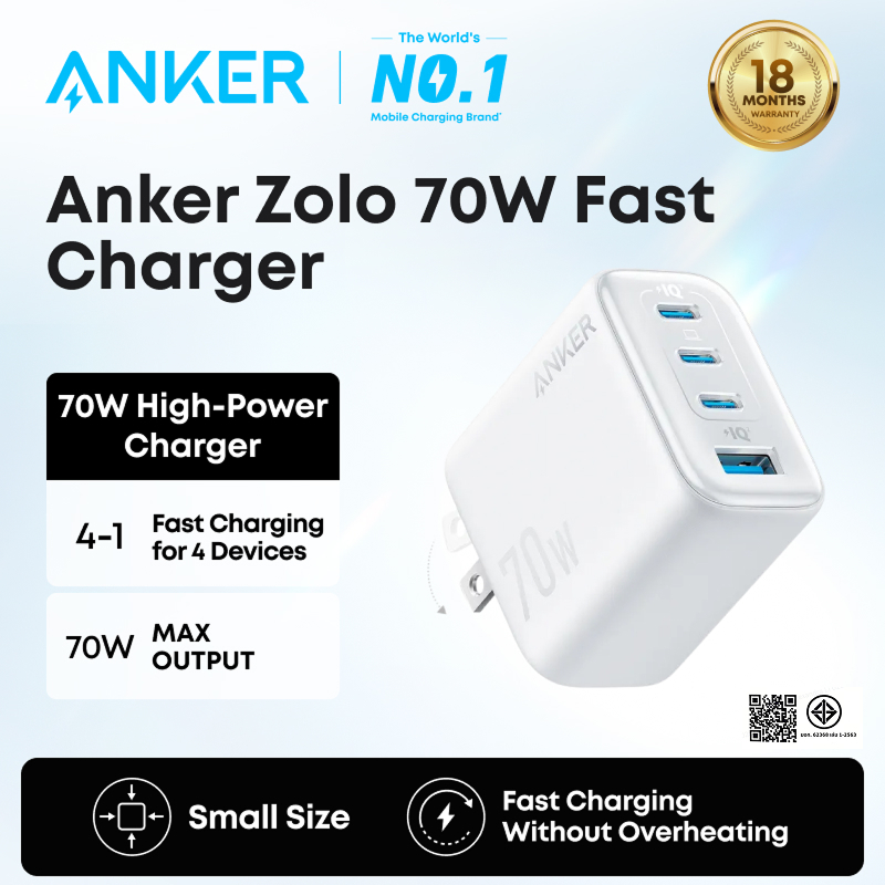 [NEW]Anker Zolo 70W Charger｜4-Port Wall Adapter with Ultra-Fast 70W Output｜70W Fast Charger｜Gan Char