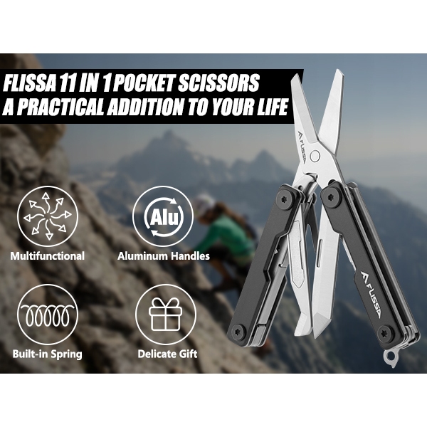 Flissa 11 in 1 Pocket Multitool กรรไกร, เครื่องมือกลางแจ้งพร้อมที่แคะหู, แหนบ, Srewdriver, เครื่องมือแคมป์ปิ้งแบบพกพาพร้อมมีด, ที่เปิดขวดรวม, เครื่องตัดกล่อง