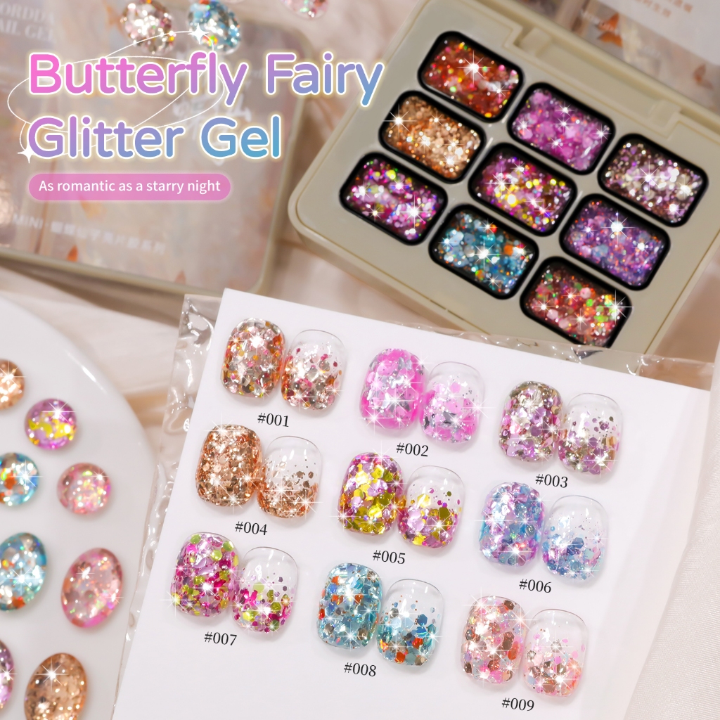 MORDDA – ชุดยาทาเล็บเจลกลิตเตอร์ลายผีเสื้อใหม่ 9 สี ติดทนนานและเงางามเป็นพิเศษ เหมาะสำหรับทำเล็บ DIY