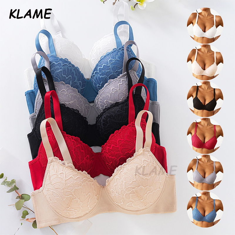 KLAME BCD Plus ขนาดผู้หญิงไม่มีรอยต่อถ้วยบาง V คอ Soild สี Push Up Lace Bra KLM1433