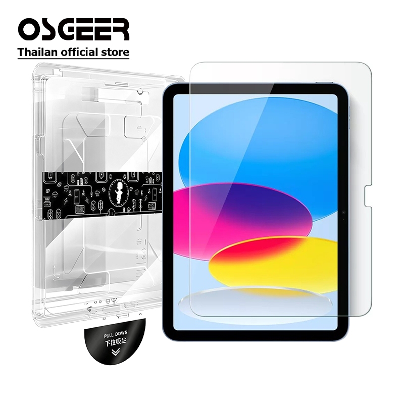 OSGEER ป้องกันหน้าจอสําหรับ iPad Air 8 7 6 5 4 3 11 13 นิ้ว M3/M2 Gen 12/11/10/9/8/7/6/5 A16 Pro 11/13 M4 M5, กระจกนิรภัยฟิล์มพร้อมถาดอัตโนมัติ, ความละเอียดสูงเคลียร์