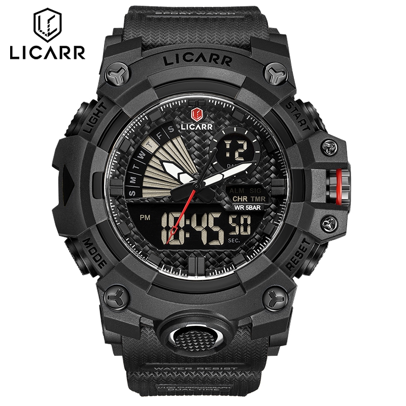 LICARR แฟชั่นชั้นนํานาฬิกาผู้ชายกันน้ําปฏิทินปลุกกันกระแทกโครโนกราฟทหาร 9532