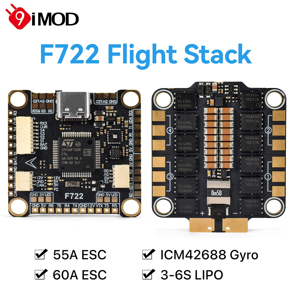 9IMOD F722 Flight Stack F722 Flight Control 55A/60A ESC 3-6S Lipo 30.5×30.5 มม.ICM42688 Gyro สําหรับรีโมทคอนโทรล FPV Racing Drone