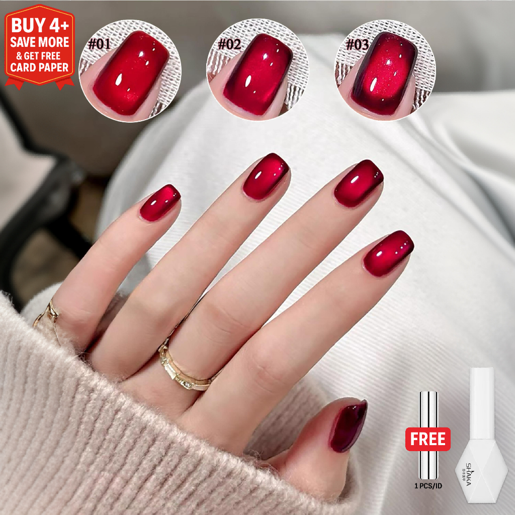 SHAKA สีทาเล็บเจลแคทอายไวน์แดง 3 สี วิบวับแก้วหรูหรา สีทาเล็บเจลแม่เหล็ก เพ้นท์เล็บ รุ่นเงาแก้ว โทนสีแดง แบบแช่ออก ติดทนนาน UV ทำเล็บ [SK181]