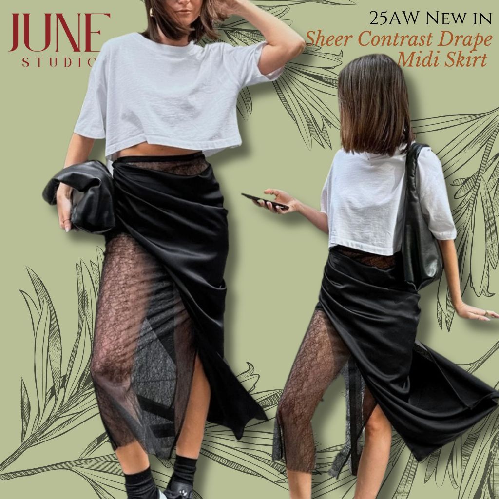 [June Studio] Black Sexy Hot Girl Lace Patchwork See-Through Silky Skirt