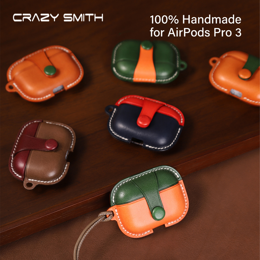 CRAZYSMITH เคสหนังวัวทำมือสำหรับเคสหูฟัง AirPods Pro 3 เคสหูฟังแบบฟูลเกรนสองชั้น