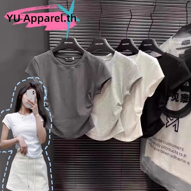 ✨ เสื้อยืดลำลองสุดจำเป็นสำหรับทุกวัน✨ เหมาะสำหรับเป็นของขวัญ เสื้อยืดผู้หญิงสีพื้นแบบรูดจีบ/พิมพ์ลายโบว์ (หลากสี)