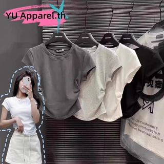 ✨ เสื้อยืดลำลองสุดจำเป็นสำหรับทุกวัน✨ เหมาะสำหรับเป็นของขวัญ เสื้อยืดผู้หญิงสีพื้นแบบรูดจีบ/พิมพ์ลายโบว์ (หลากสี)