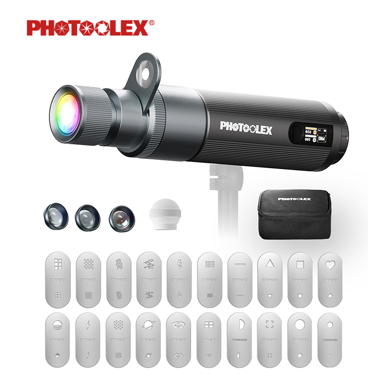 PHOTOOLEX 12W ไฟฉายถ่ายภาพ Pro ชุดสี RGB 3500-7000K CRI 96+ แผ่นโกโบ 20แผ่น ควบคุมผ่านแอป การถ่ายภาพ