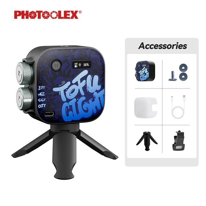 PHOTOOLEX TOFU ไฟกล้องพกพา RGB แผงสี ซามูไรดำ 2000mAh สี 36000 สี เอฟเฟกต์ 21 แบบ แม่เหล็ก CRI 96+ 6w