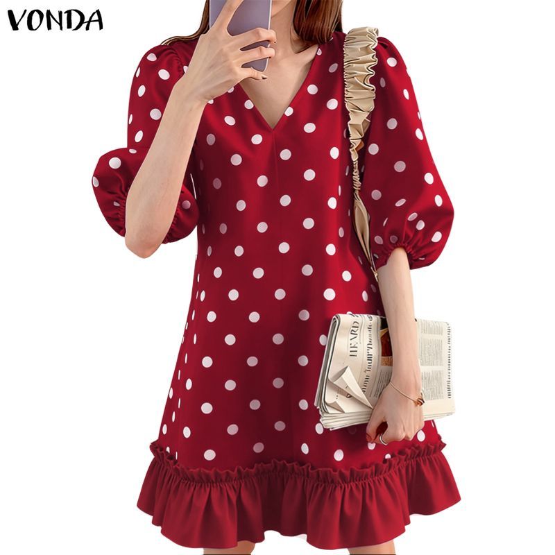 VONDA ชุด.party สไตล์เกาหลี แบบ A-line คอ 3/4 ตัว.Top มีดีไซน์จุดโปลกาและขอบกระโปรงระบาย