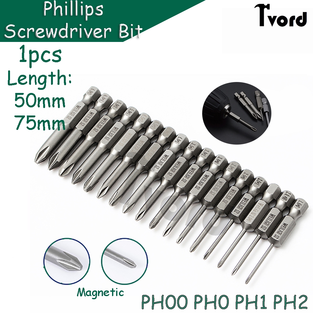 ดอกไขควง Phillips 1 ชิ้น PH00 PH0 PH1 PH2 แม่เหล็ก 1/4 นิ้ว Hex Shank S2 Steel ความยาว 50/70 มม. ซ่อมหัวชุดไฟฟ้า
