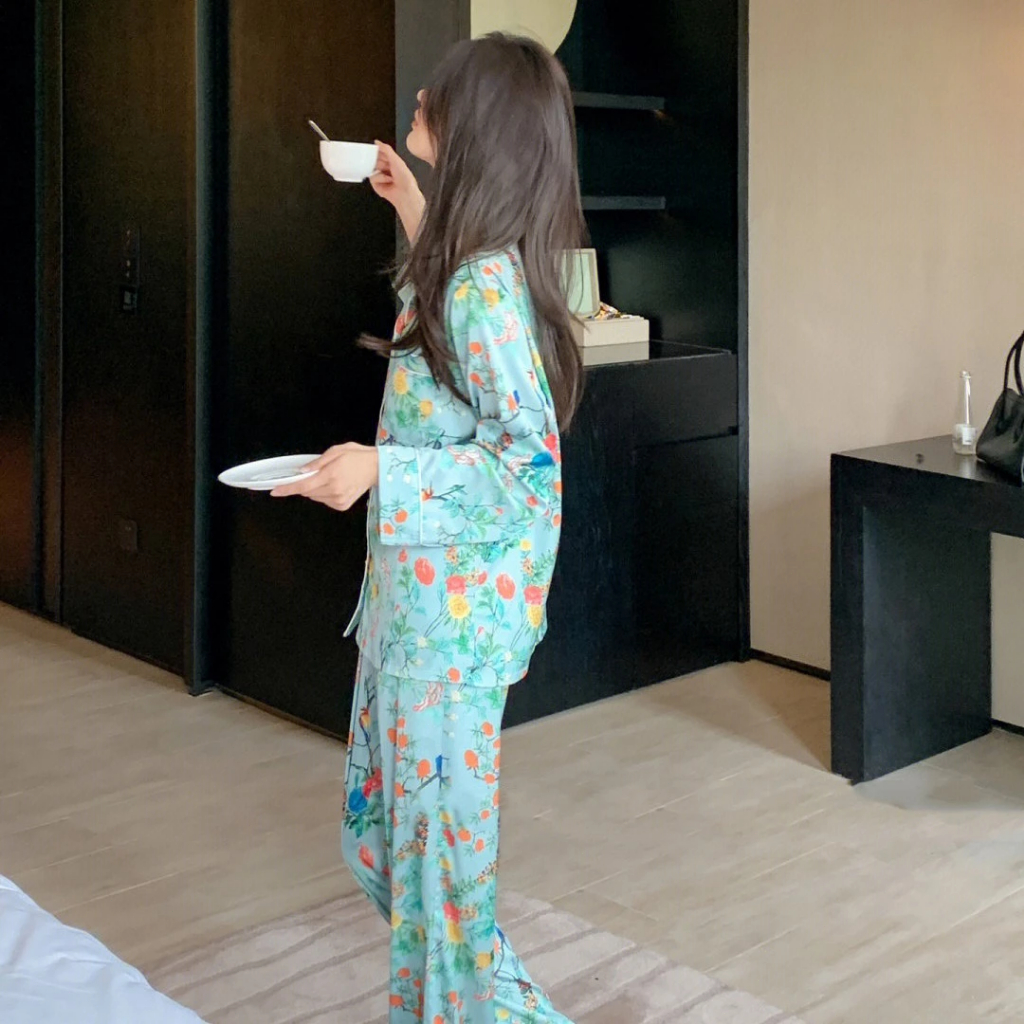 [TPNY]ชุดนอนพิมพ์ลายดอกไม้สไตล์ฝรั่งเศส นุ่มสบาย สำหรับฤดูใบไม้ผลิ/ฤดูใบไม้ร่วง สำหรับผู้หญิง - รูปที่ 2