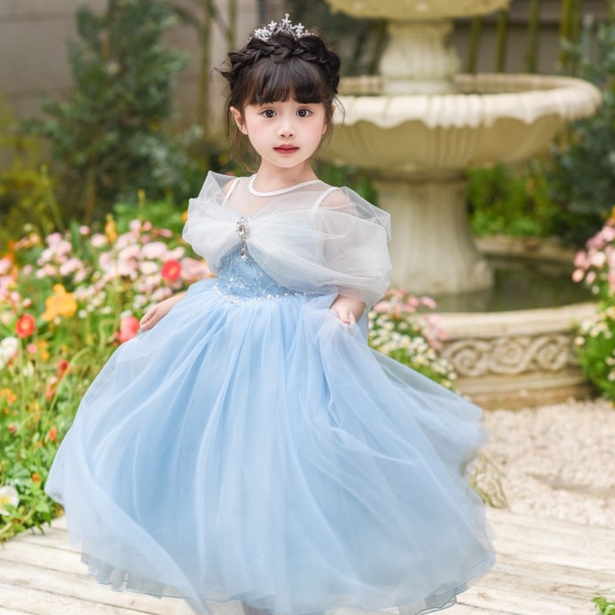 ชุดเจ้าหญิงเด็กผู้หญิง สีฟ้าอ่อน ชุดเปิดไหล่ลายเอลซ่า ชุดออกงานสไตล์แช่แข็ง สำหรับเด็กหญิงอายุ 3-10 ปี
