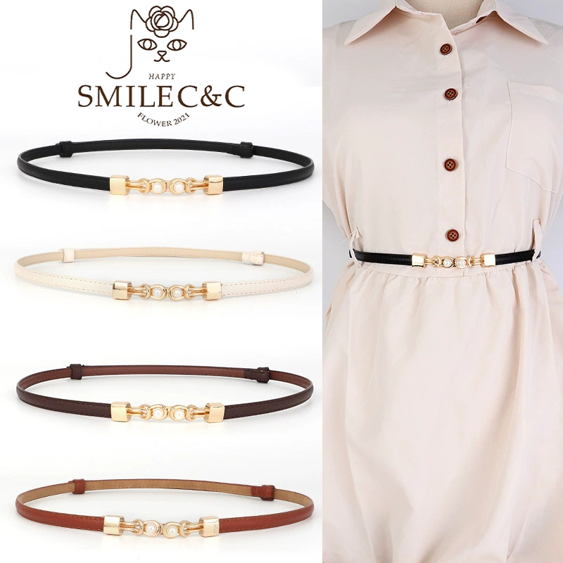SmilefairyCC 【COD & พร้อมส่ง】เข็มขัดหนังสตรีรัดเอวแคบ แต่งลายไข่มุก - พร้อม пряักโลหะหรูดูสง่างาม