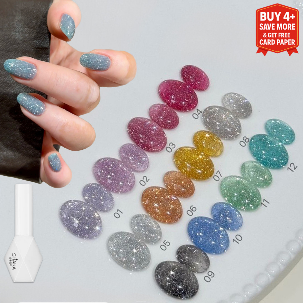 SHAKA สีทาเล็บเจลกลิตเตอร์ วิบวับสนุกสนาน แฟนซี เพ้นท์เล็บ รุ่นประกายจัดจ้าน แบบแช่ออก ติดทนนาน UV ท