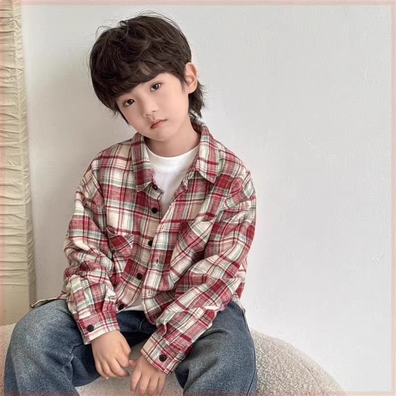 แจ็คเก็ตเด็กชาย ลายสก๊อตแบบเกาหลี สำหรับฤดูใบไม้ผลิและฤดูใบไม้ร่วง ไซส์กลางถึงใหญ่