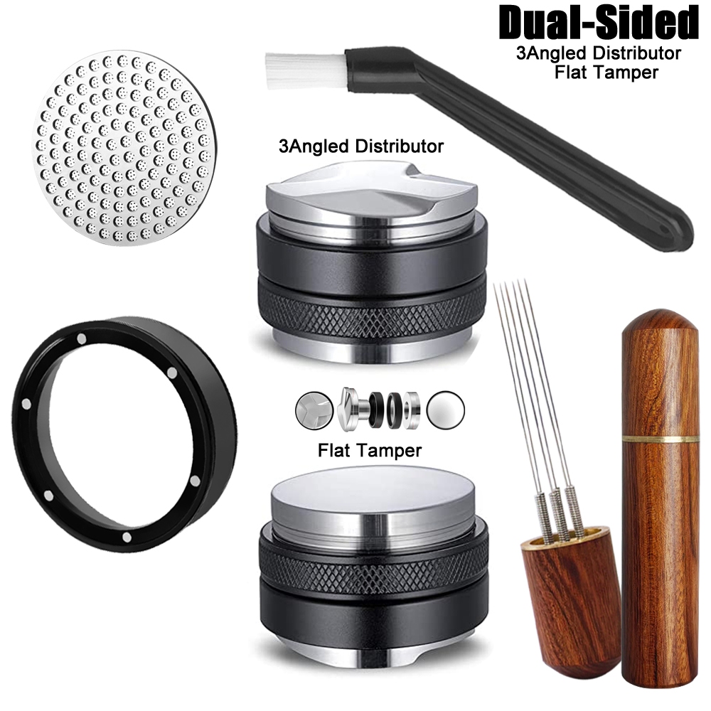 [จัดส่งในประเทศ] 5 ชิ้น/เซ็ต Dual-Sided Coffee Tamper & Distor สําหรับ Portafilters, Espresso ปรับ 2 in1 Tampers Dosing Funnel/Ring/Puck หน้าจอ/Stirrer/Clean แปรง