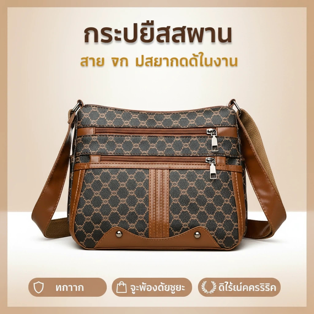 กระเป๋าสะพายข้างผู้หญิงสีขาวหรูหรา ความจุขนาดใหญ่ พร้อมสาย สีน้ำตาล ลุคแมสเซนเจอร์ (ของขวัญแม่สุดคุ้ม)