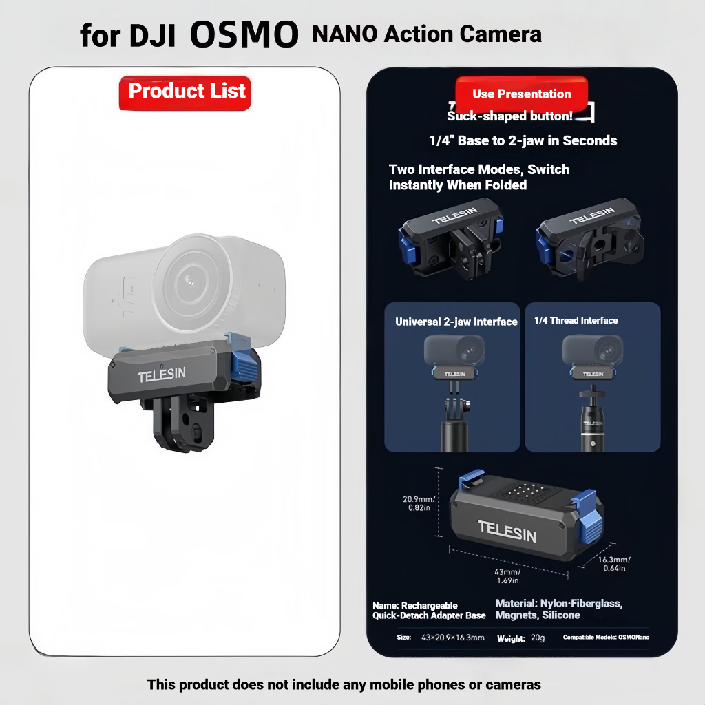 TELESIN อะแดปเตอร์แบบปลดเร็วแบบชาร์จไฟได้สําหรับ DJI osmo NANO กีฬาอะแดปเตอร์แม่เหล็กเดินป่ากลางแจ้งสําหรับอุปกรณ์เสริมกล้อง DJI ราคา ถูกที่สุด ดีลบีเคเค แกลเลอรีภาพที่ 8