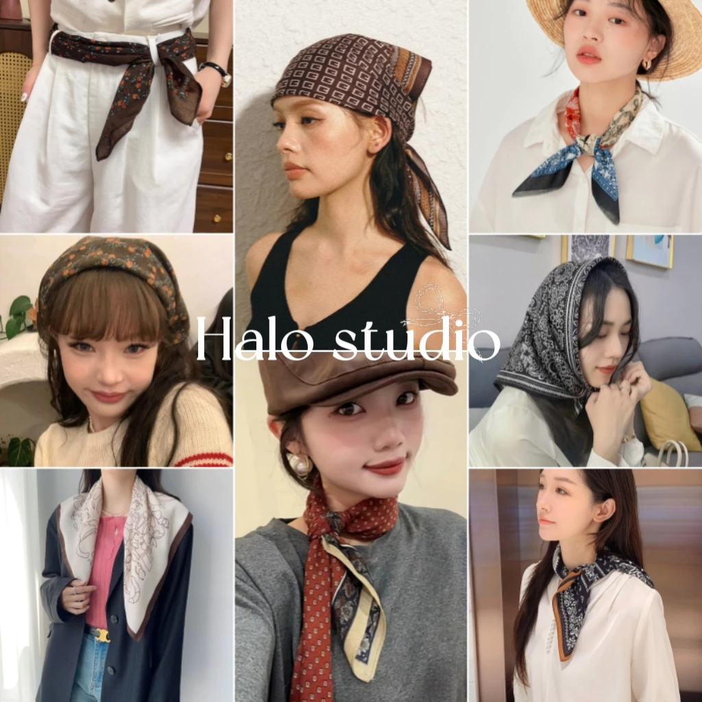 Halo studio พร้อมส่ง🔥ผ้าพันคอสี่เหลี่ยมผ้าฝ้ายและลินินลายบล็อกสีสไตล์ย้อนยุค ขนาด 70*70 ซม. อเนกประสงค์