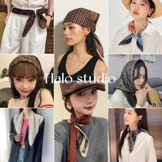 Halo studio พร้อมส่ง🔥ผ้าพันคอสี่เหลี่ยมผ้าฝ้ายและลินินลายบล็อกสีสไตล์ย้อนยุค ขนาด 70*70 ซม. อเนกประสงค์